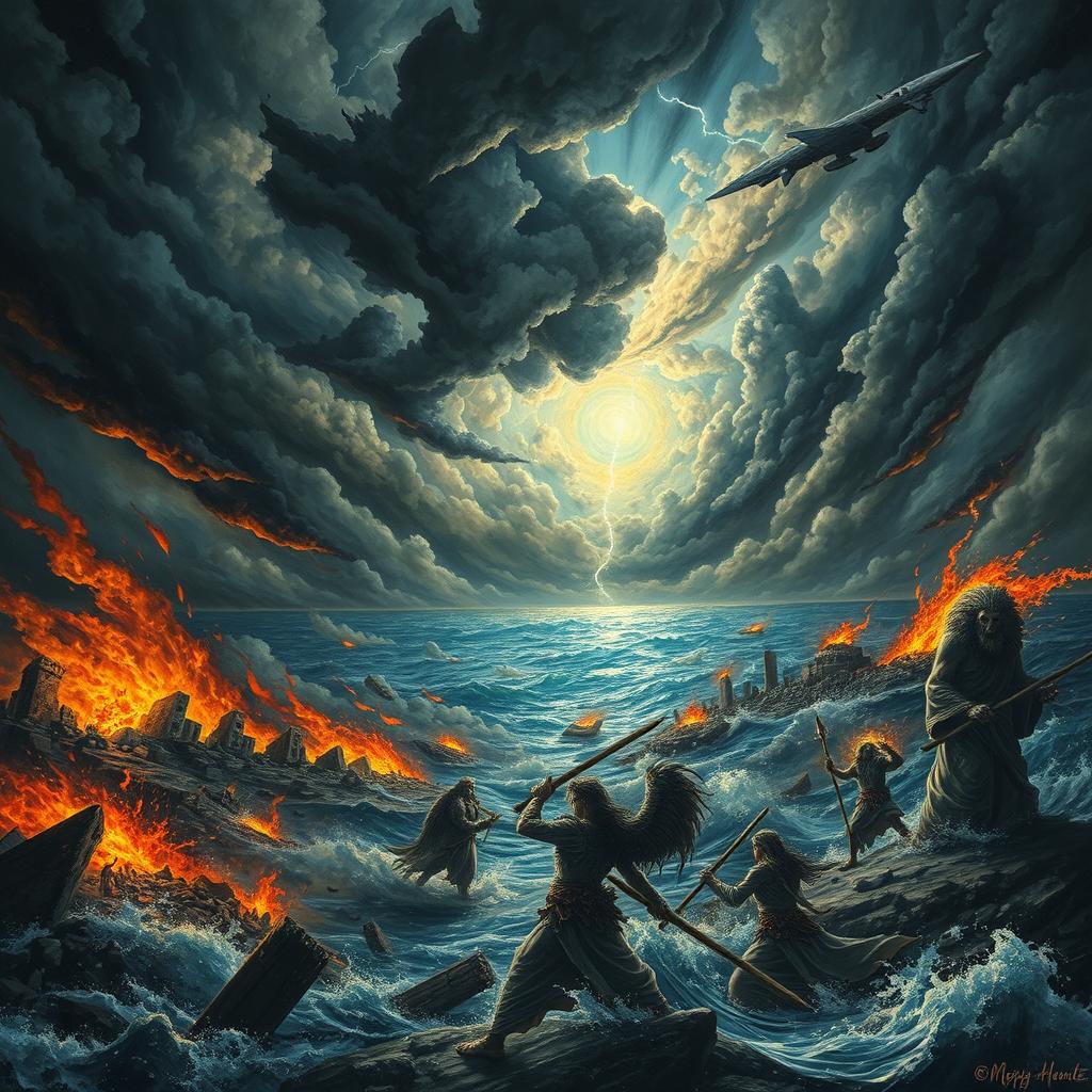 An epic and dramatic depiction of the apocalypse, with a tumultuous sky filled with dark, swirling clouds and streaks of lightning