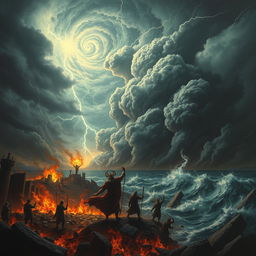 An epic and dramatic depiction of the apocalypse, with a tumultuous sky filled with dark, swirling clouds and streaks of lightning