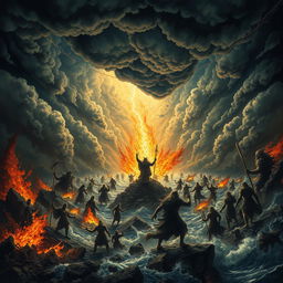 An epic and dramatic depiction of the apocalypse, with a tumultuous sky filled with dark, swirling clouds and streaks of lightning