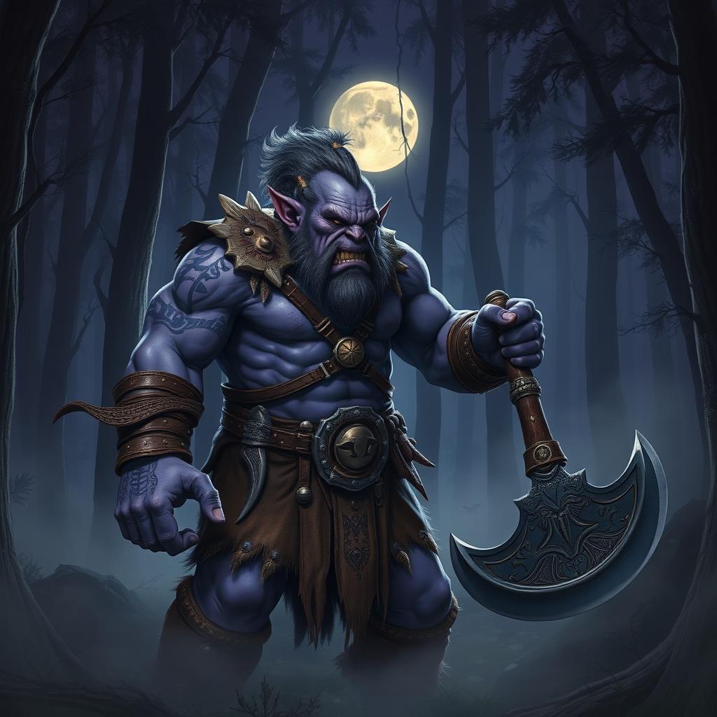 A fierce and powerful purple orc standing in a dense forest at twilight, its muscular form highlighted by the moonlight filtering through the trees