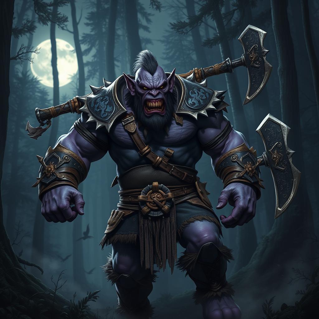 A fierce and powerful purple orc standing in a dense forest at twilight, its muscular form highlighted by the moonlight filtering through the trees