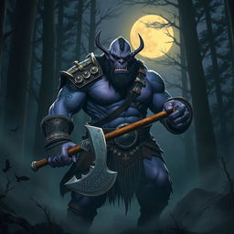 A fierce and powerful purple orc standing in a dense forest at twilight, its muscular form highlighted by the moonlight filtering through the trees