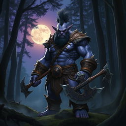 A fierce and powerful purple orc standing in a dense forest at twilight, its muscular form highlighted by the moonlight filtering through the trees