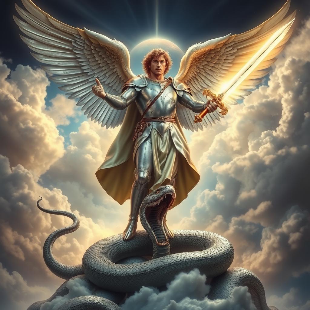 The Archangel Michael in a powerful and dynamic pose, standing victorious over a menacing serpent