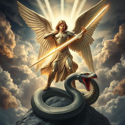 The Archangel Michael in a powerful and dynamic pose, standing victorious over a menacing serpent