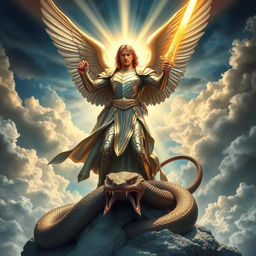 The Archangel Michael in a powerful and dynamic pose, standing victorious over a menacing serpent