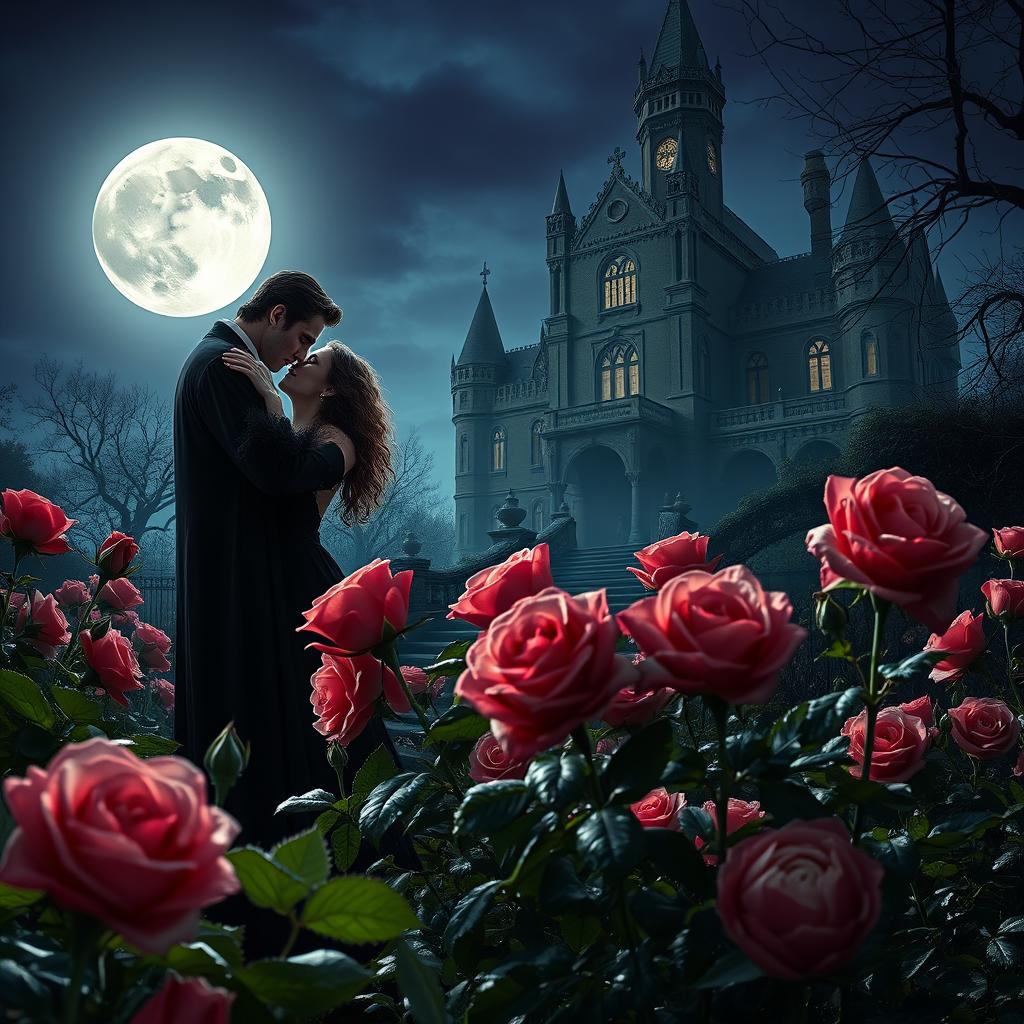 An enchanting scene featuring a vampire couple tenderly embracing each other, surrounded by a garden of lush roses with dew glistening on their petals