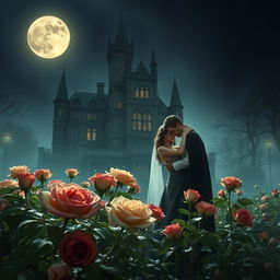 An enchanting scene featuring a vampire couple tenderly embracing each other, surrounded by a garden of lush roses with dew glistening on their petals