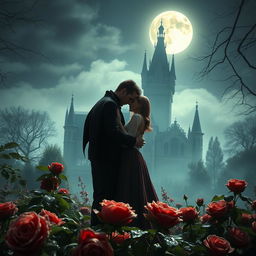 An enchanting scene featuring a vampire couple tenderly embracing each other, surrounded by a garden of lush roses with dew glistening on their petals