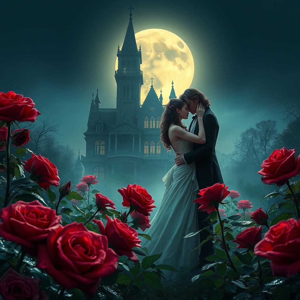 An enchanting scene featuring a vampire couple tenderly embracing each other, surrounded by a garden of lush roses with dew glistening on their petals