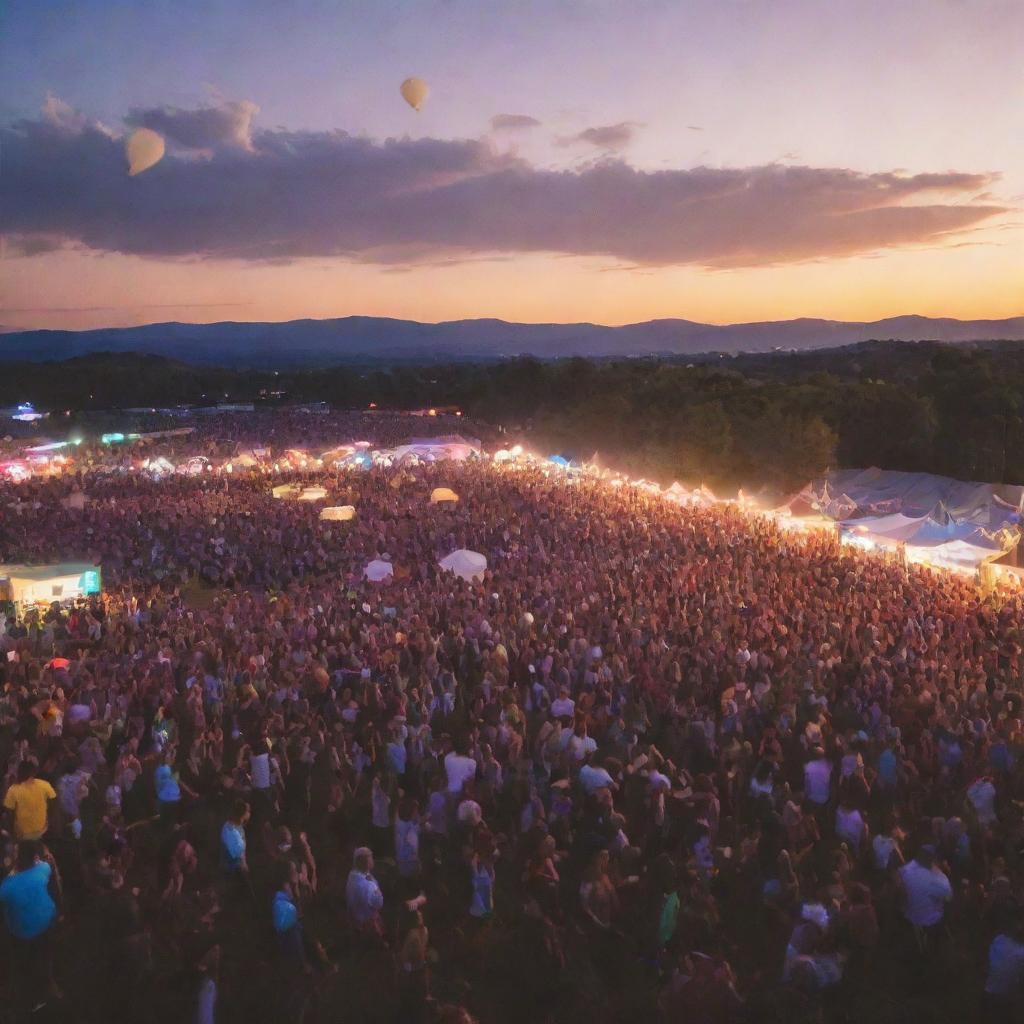 A lively music festival scene at sunset, with a massive crowd of people dancing, vibrant stage lights illuminating the band performing, and floating lanterns dotting the twilight sky.