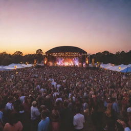 A lively music festival scene at sunset, with a massive crowd of people dancing, vibrant stage lights illuminating the band performing, and floating lanterns dotting the twilight sky.