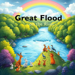 A vibrant and colorful children's book illustration depicting the Great Flood on the Blue River