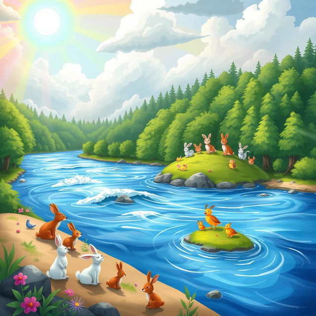 A vibrant and colorful children's book illustration depicting the Great Flood on the Blue River