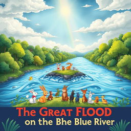 A vibrant and colorful children's book illustration depicting the Great Flood on the Blue River