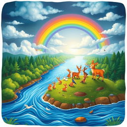 A vibrant and colorful children's book illustration depicting the Great Flood on the Blue River