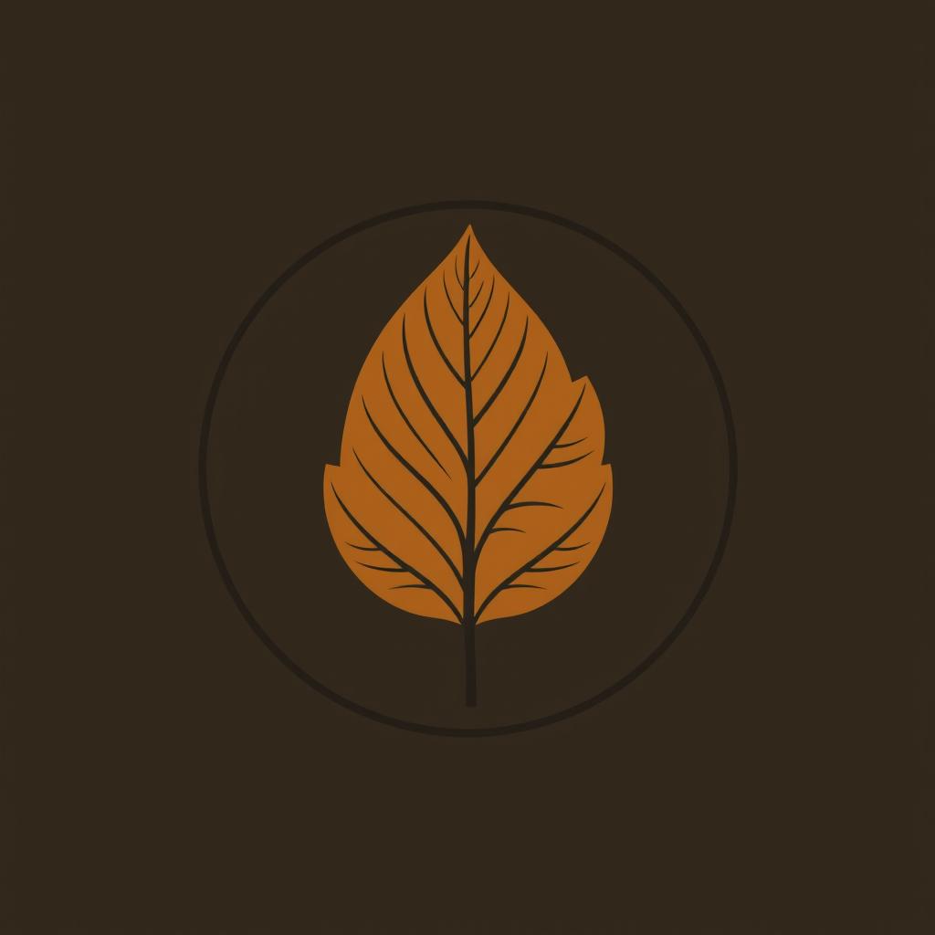 A logo design featuring a single brown tobacco leaf filling a circular shape, with line patterns adding texture and depth