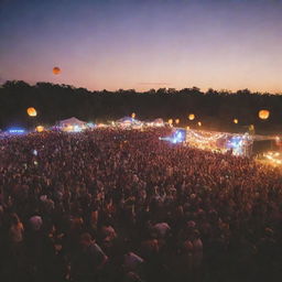 A lively music festival scene at sunset, with a massive crowd of people dancing, vibrant stage lights illuminating the band performing, and floating lanterns dotting the twilight sky.