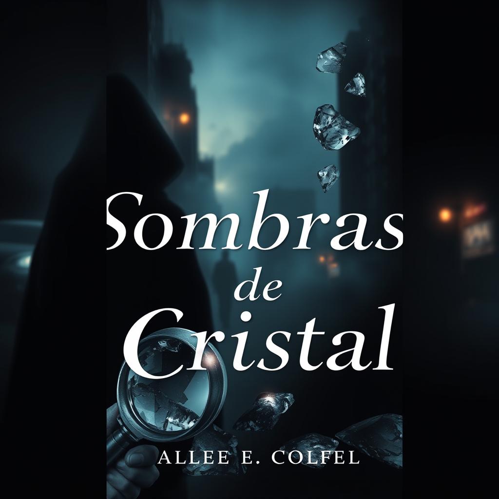 An intriguing eBook cover for a suspense novel titled 'Sombras de Cristal', featuring themes of mystery and investigation