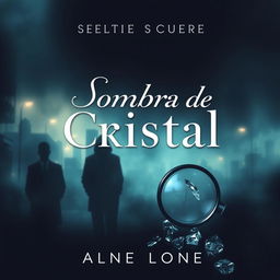 An intriguing eBook cover for a suspense novel titled 'Sombras de Cristal', featuring themes of mystery and investigation