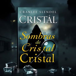 An intriguing eBook cover for a suspense novel titled 'Sombras de Cristal', featuring themes of mystery and investigation