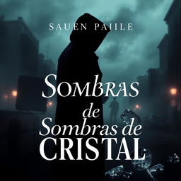 An intriguing eBook cover for a suspense novel titled 'Sombras de Cristal', featuring themes of mystery and investigation