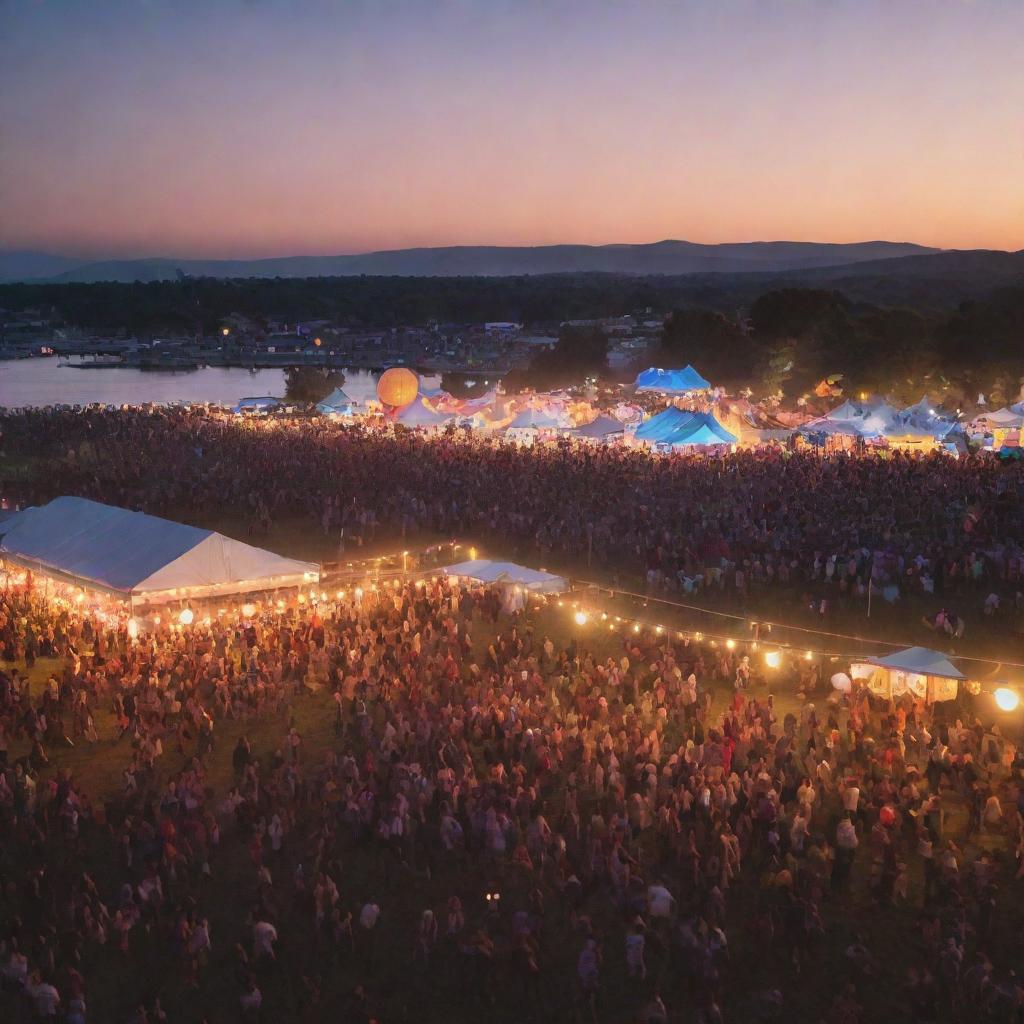 A lively music festival scene at sunset, with a massive crowd of people dancing, vibrant stage lights illuminating the band performing, and floating lanterns dotting the twilight sky.