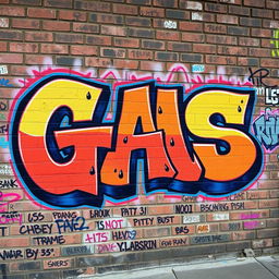 An urban graffiti mural with the word "GAS" prominently displayed in vibrant colors