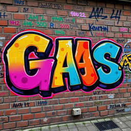 An urban graffiti mural with the word "GAS" prominently displayed in vibrant colors