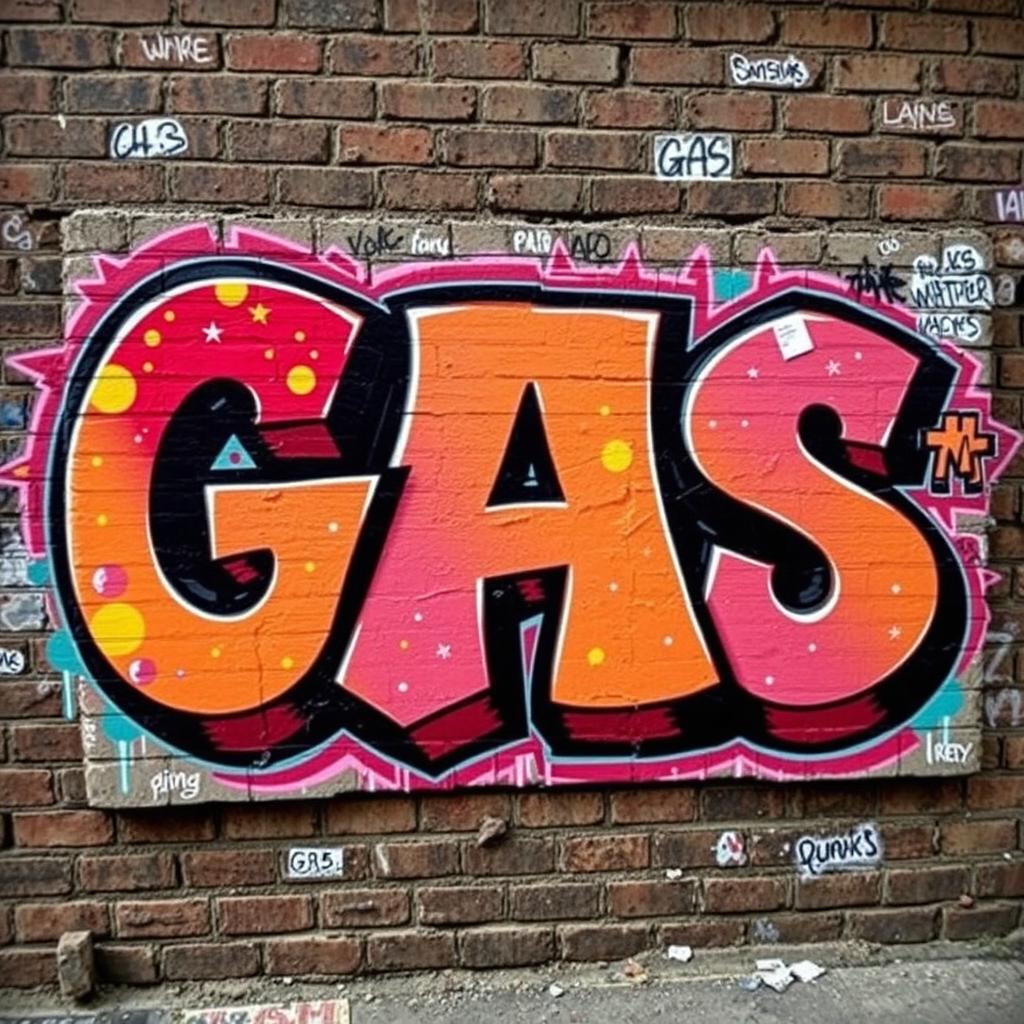 An urban graffiti mural with the word "GAS" prominently displayed in vibrant colors