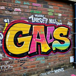 An urban graffiti mural with the word "GAS" prominently displayed in vibrant colors