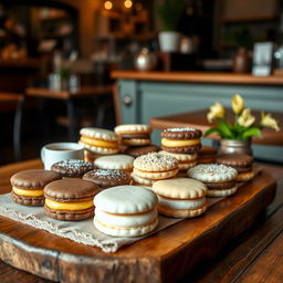 An assortment of traditional alfajores displayed beautifully on a wooden table