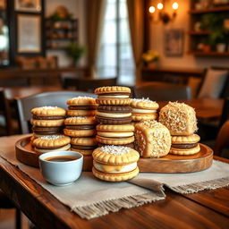 An assortment of traditional alfajores displayed beautifully on a wooden table