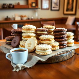 An assortment of traditional alfajores displayed beautifully on a wooden table