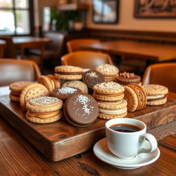 An assortment of traditional alfajores displayed beautifully on a wooden table