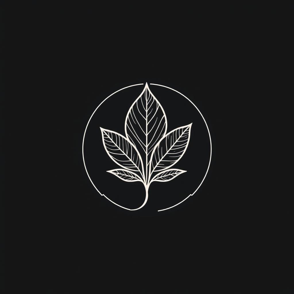 A monochrome logo design featuring a single tobacco leaf forming a circular shape with intricate line patterns