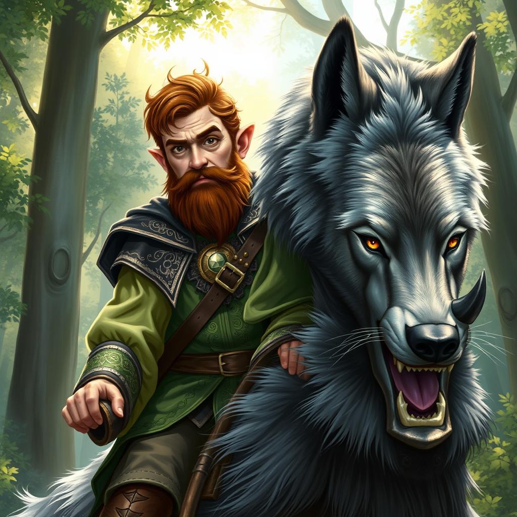 A vibrant fantasy portrait depicting a middle-aged halfling with brown hair and a short beard, riding a ferocious grey wolf