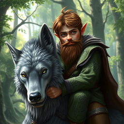 A vibrant fantasy portrait depicting a middle-aged halfling with brown hair and a short beard, riding a ferocious grey wolf