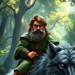 A vibrant fantasy portrait depicting a middle-aged halfling with brown hair and a short beard, riding a ferocious grey wolf