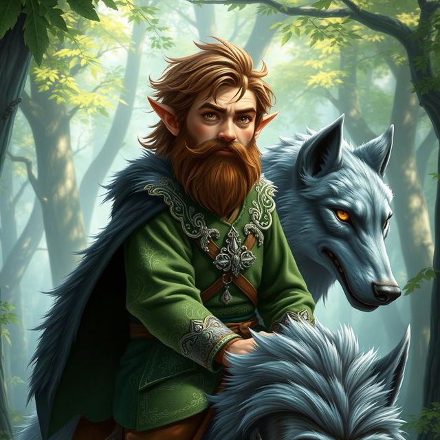 A vibrant fantasy portrait depicting a middle-aged halfling with brown hair and a short beard, riding a ferocious grey wolf