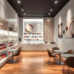 A modern interior design of an alfajor shop, featuring sleek and contemporary elements