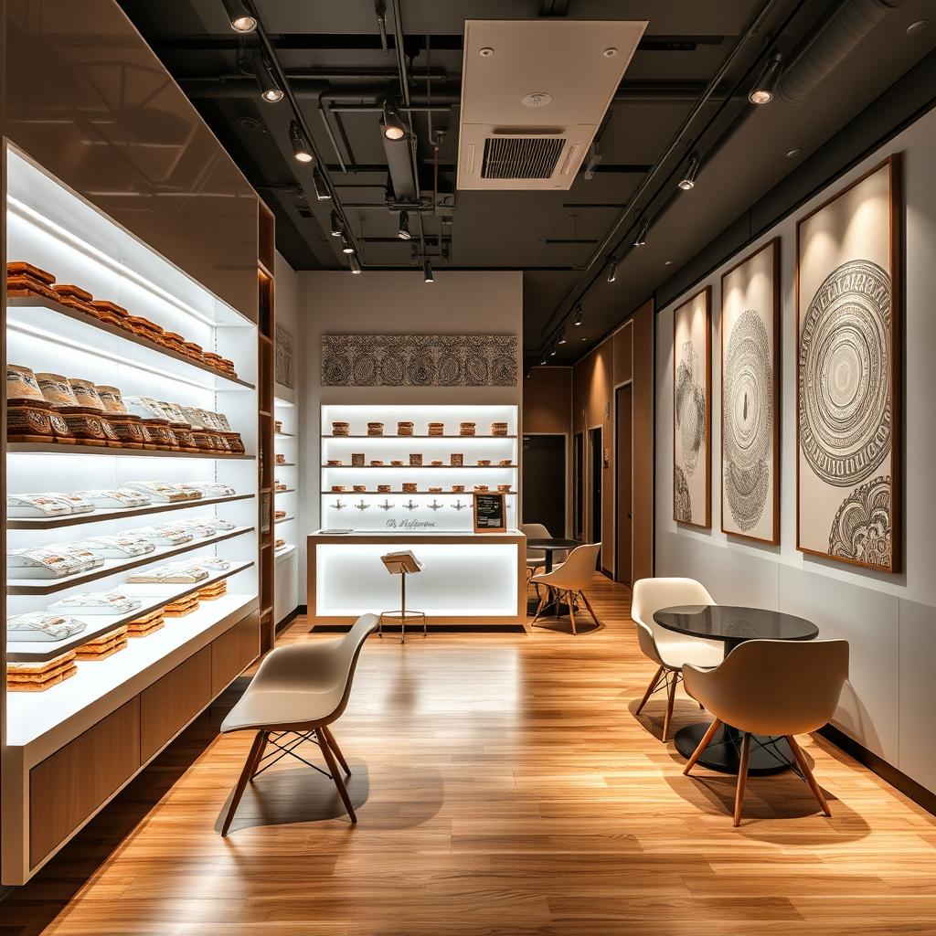 A modern interior design of an alfajor shop, featuring sleek and contemporary elements