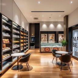 A modern interior design of an alfajor shop, featuring sleek and contemporary elements