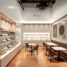 A modern interior design of an alfajor shop, featuring sleek and contemporary elements