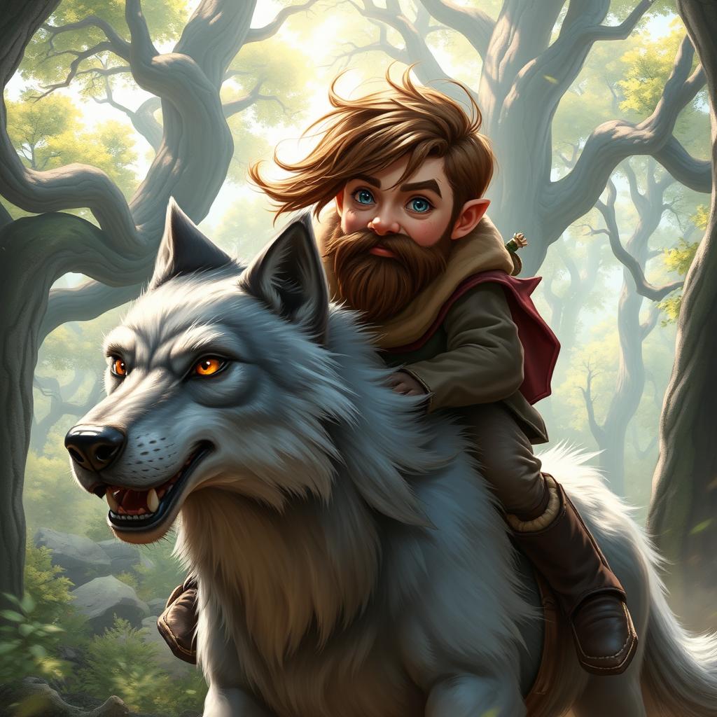 A vibrant and incredibly detailed fantasy portrait of a small, middle-aged halfling with brown hair and a short beard