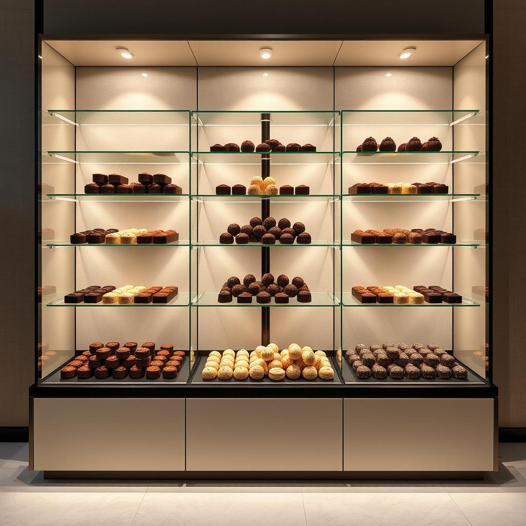 Elegantly designed chocolate displays in a modern style, perfectly fit for a 4x2 meters space