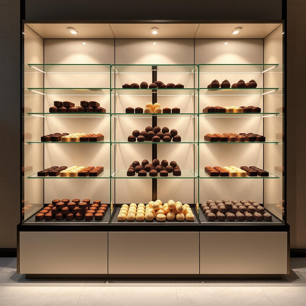 Elegantly designed chocolate displays in a modern style, perfectly fit for a 4x2 meters space