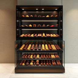 Elegantly designed chocolate displays in a modern style, perfectly fit for a 4x2 meters space