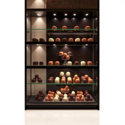 Elegantly designed chocolate displays in a modern style, perfectly fit for a 4x2 meters space