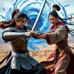 Young Asian woman with brown hair and skin, wearing a silver armor adorned with sapphire inlays, wielding a medieval sword, engaged in a sword duel with an adult Asian woman dressed in traditional Mongolian attire and an empress hairstyle, holding a katana